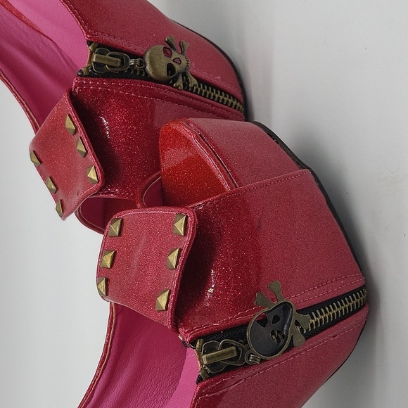 37- Show Story Skull Heel Pink Glitter Platform Heels Sz 10 Open Toe Studded - Picture 14 of 14